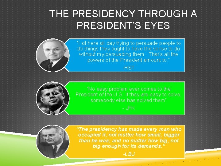 THE PRESIDENCY THROUGH A PRESIDENT’S EYES “I sit here all day trying to persuade
