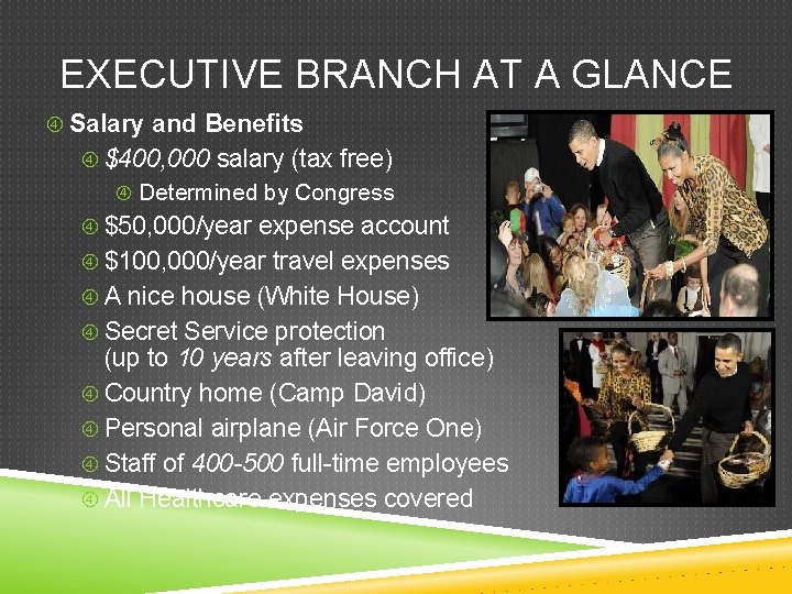 EXECUTIVE BRANCH AT A GLANCE Salary and Benefits $400, 000 salary (tax free) Determined