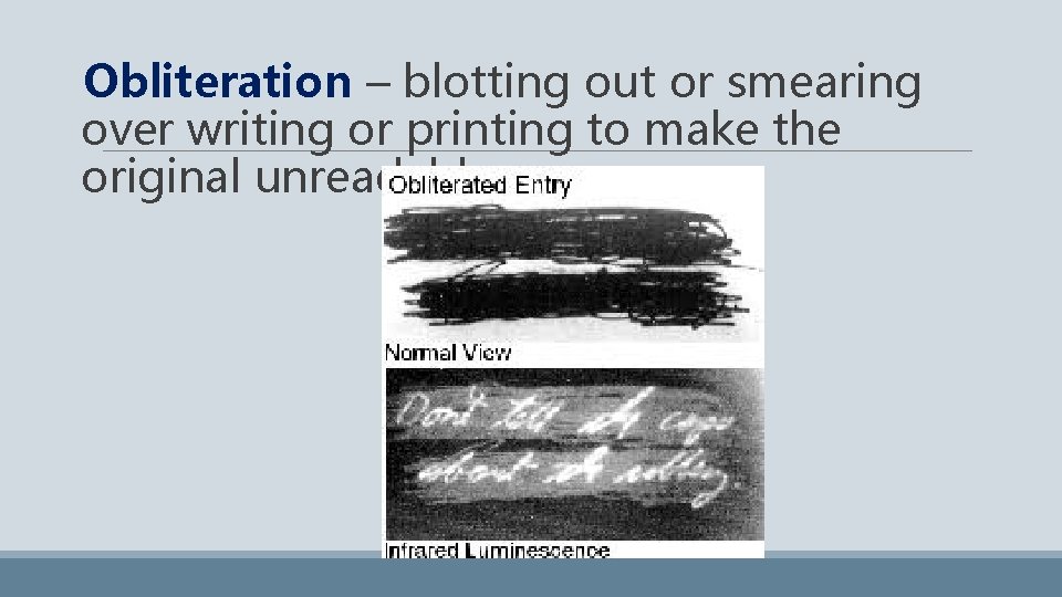 Obliteration – blotting out or smearing over writing or printing to make the original