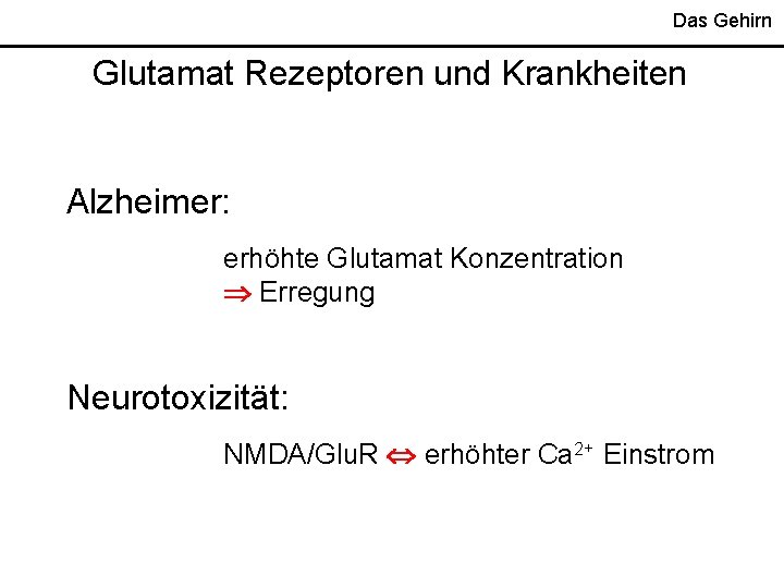 Das Gehirn Glutamat Rezeptoren und Krankheiten Alzheimer: erhöhte Glutamat Konzentration Erregung Neurotoxizität: NMDA/Glu. R