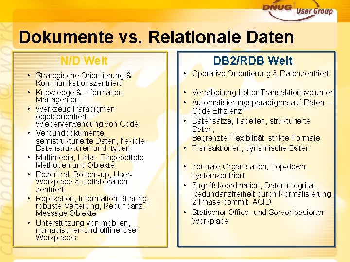 Dokumente vs. Relationale Daten N/D Welt • Strategische Orientierung & Kommunikationszentriert • Knowledge &