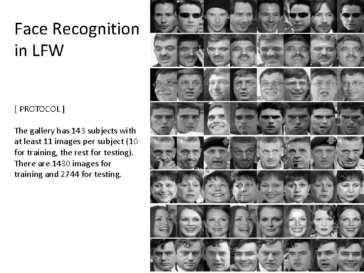 Face Recognition in LFW [ PROTOCOL ] The gallery has 143 subjects with at