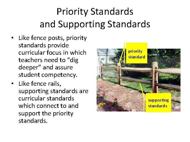 Priority Standards and Supporting Standards • Like fence posts, priority standards provide curricular focus