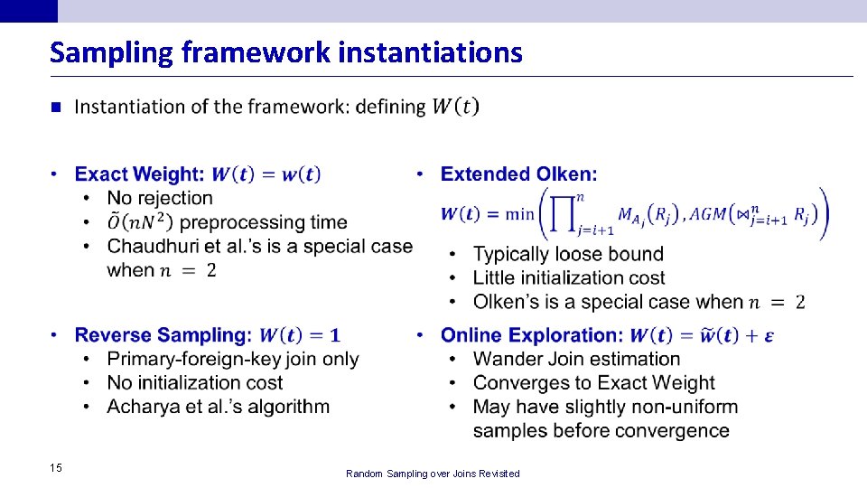 Sampling framework instantiations n 15 Random Sampling over Joins Revisited 