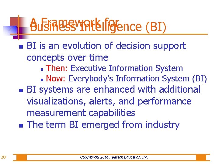 -20 A Framework for Business Intelligence (BI) BI is an evolution of decision support