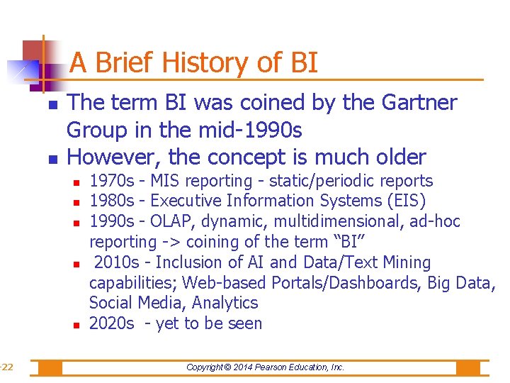 -22 A Brief History of BI The term BI was coined by the Gartner