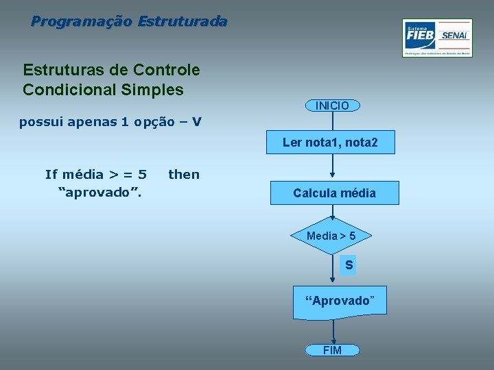 Programação Estruturada Estruturas de Controle Condicional Simples INICIO possui apenas 1 opção – V