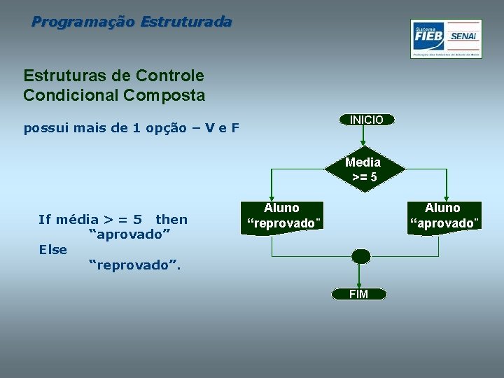 Programação Estruturada Estruturas de Controle Condicional Composta INICIO possui mais de 1 opção –