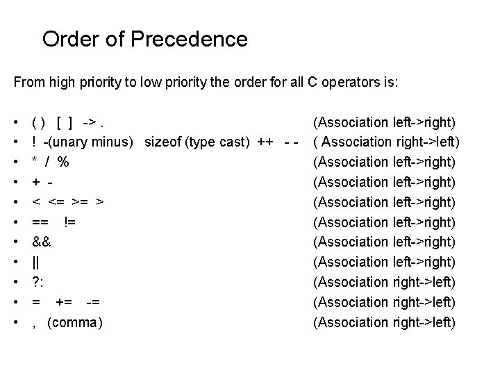 Order of Precedence From high priority to low priority the order for all C Order of Precedence From high priority to low priority the order for all C