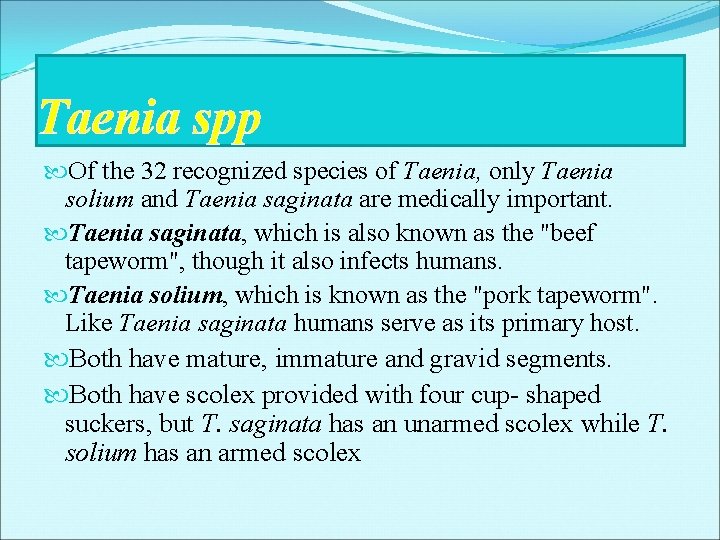 Taenia spp Of the 32 recognized species of Taenia, only Taenia solium and Taenia Taenia spp Of the 32 recognized species of Taenia, only Taenia solium and Taenia