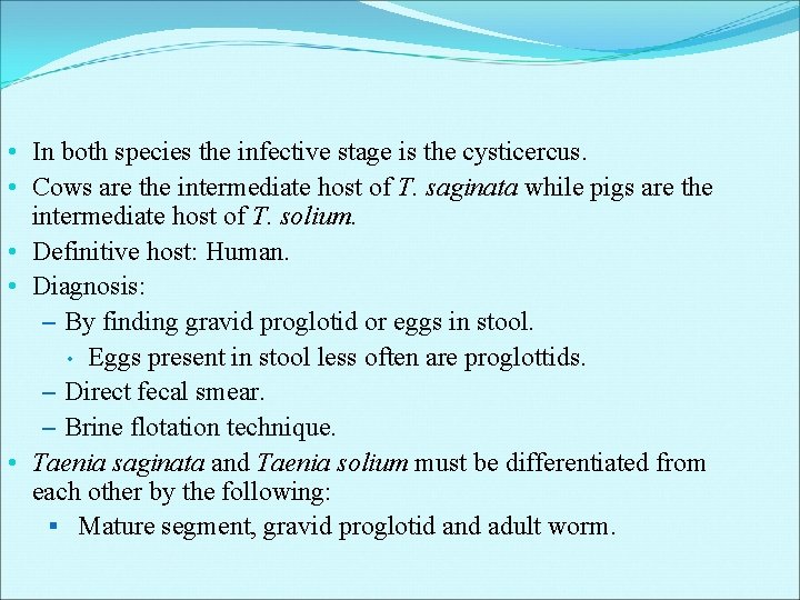 • In both species the infective stage is the cysticercus. • Cows are • In both species the infective stage is the cysticercus. • Cows are