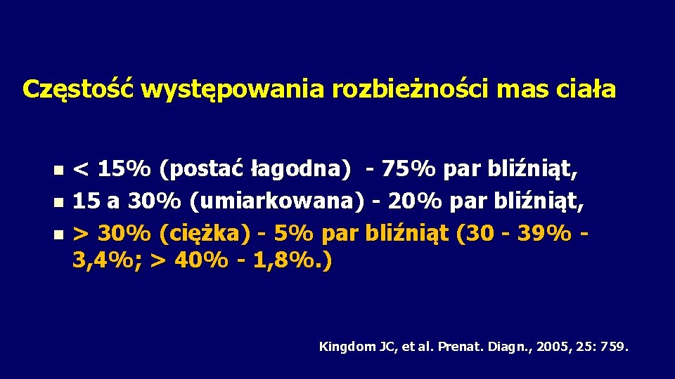 Częstość występowania rozbieżności mas ciała < 15% (postać łagodna) - 75% par bliźniąt, n