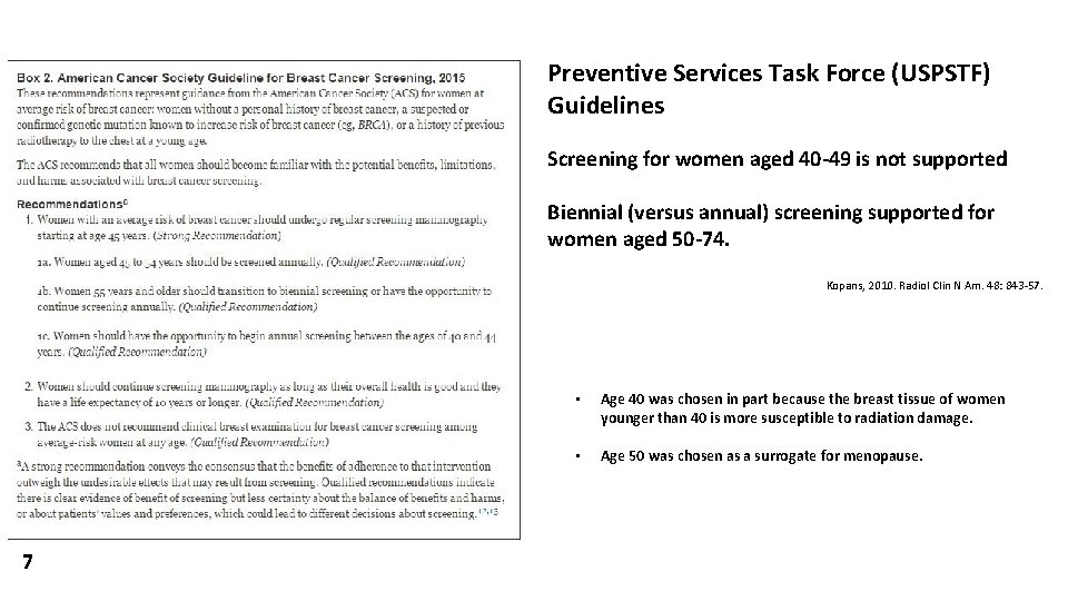 Preventive Services Task Force (USPSTF) Guidelines Screening for women aged 40 -49 is not