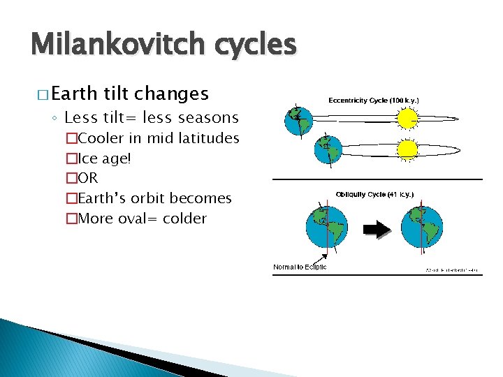 Milankovitch cycles � Earth tilt changes ◦ Less tilt= less seasons �Cooler in mid