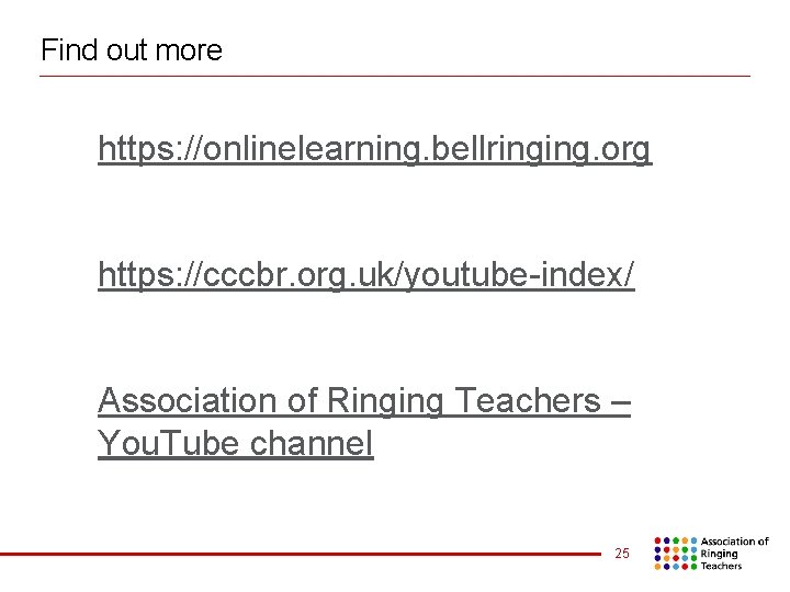 Find out more https: //onlinelearning. bellringing. org https: //cccbr. org. uk/youtube-index/ Association of Ringing