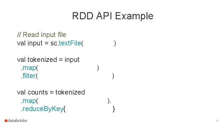 RDD API Example // Read input file val input = sc. text. File( )