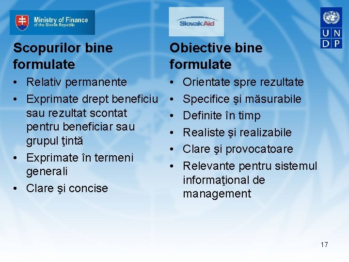 Scopurilor bine formulate Obiective bine formulate • Relativ permanente • Exprimate drept beneficiu sau