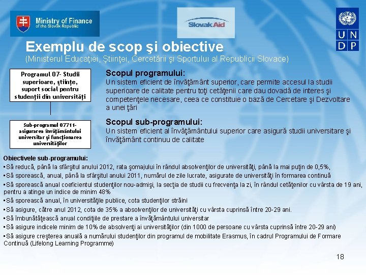 Exemplu de scop şi obiective (Ministerul Educaţiei, Ştiinţei, Cercetării şi Sportului al Republicii Slovace)