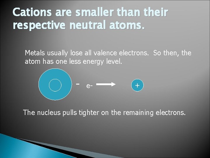 Cations are smaller than their respective neutral atoms. Metals usually lose all valence electrons.