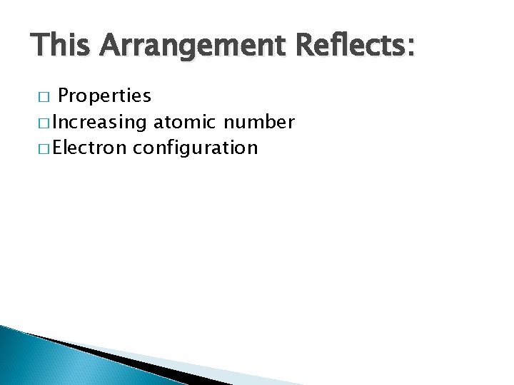 This Arrangement Reflects: Properties � Increasing atomic number � Electron configuration � 