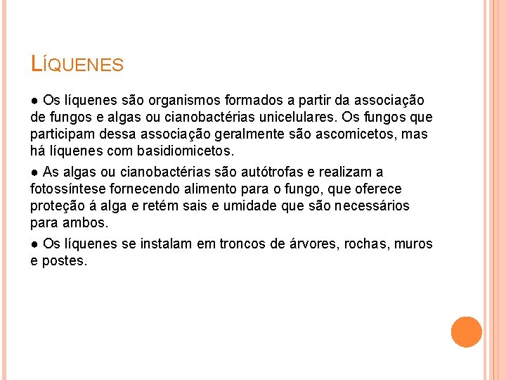 LÍQUENES ● Os líquenes são organismos formados a partir da associação de fungos e