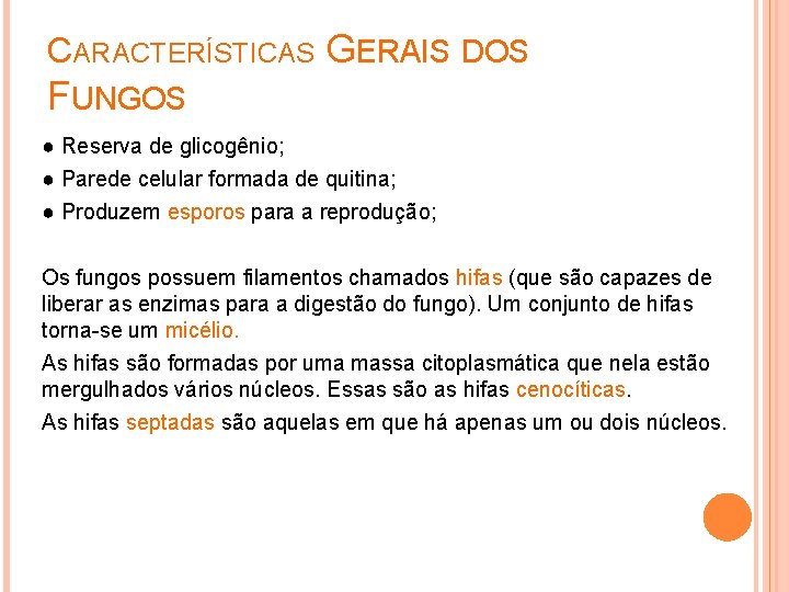 CARACTERÍSTICAS GERAIS DOS FUNGOS ● Reserva de glicogênio; ● Parede celular formada de quitina;