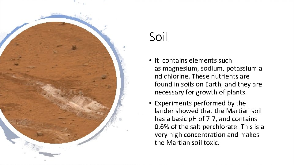 Soil • It contains elements such as magnesium, sodium, potassium a nd chlorine. These