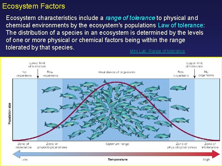 Ecosystem Factors Ecosystem characteristics include a range of tolerance to physical and chemical environments