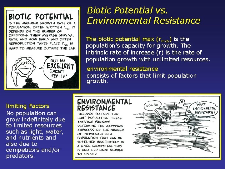 Biotic Potential vs. Environmental Resistance The biotic potential max (rmax) is the population's capacity