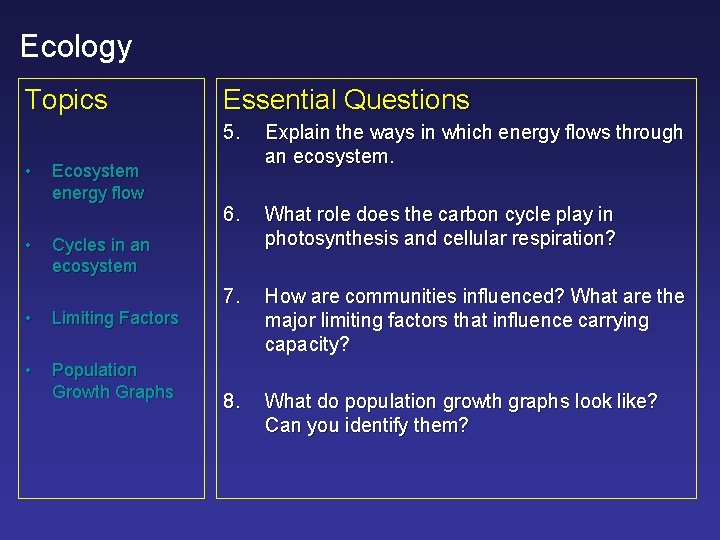 Ecology Topics • • Ecosystem energy flow Essential Questions 5. Explain the ways in