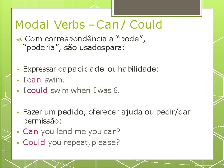 Modal Verbs – Can / Could Com correspondência a “pode”, “poderia”, são usados para: