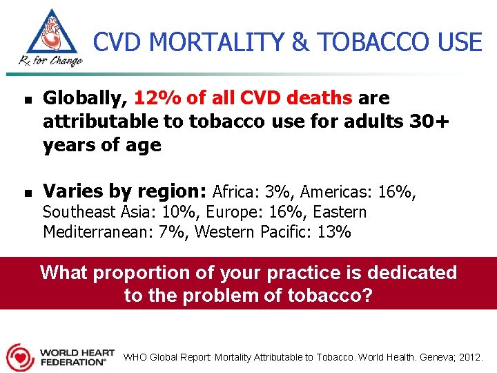 CVD MORTALITY & TOBACCO USE n n Globally, 12% of all CVD deaths are