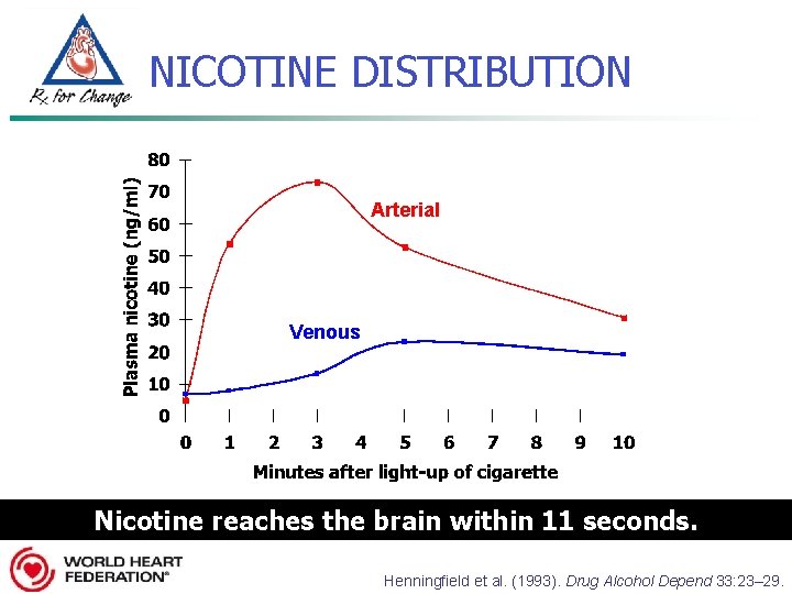 NICOTINE DISTRIBUTION Arterial Venous Nicotine reaches the brain within 11 seconds. Henningfield et al.