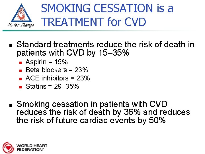 SMOKING CESSATION is a TREATMENT for CVD n Standard treatments reduce the risk of