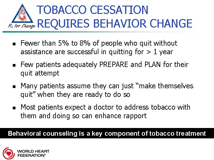 TOBACCO CESSATION REQUIRES BEHAVIOR CHANGE n n Fewer than 5% to 8% of people