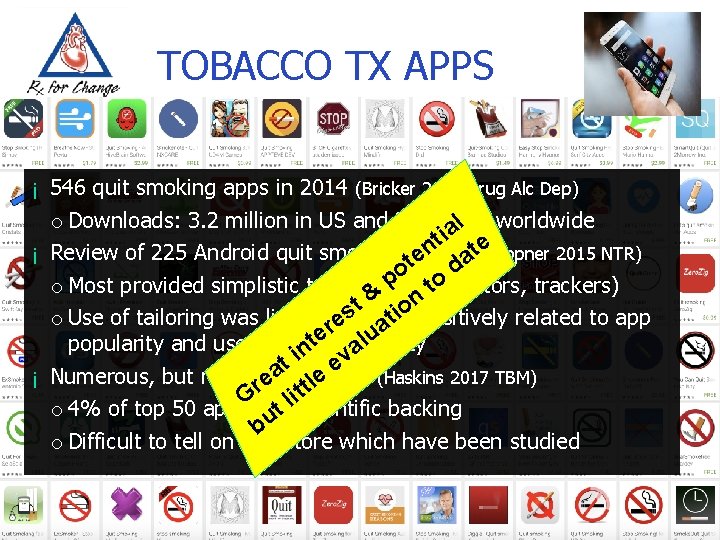 TOBACCO TX APPS ¡ 546 quit smoking apps in 2014 (Bricker 2014 Drug Alc