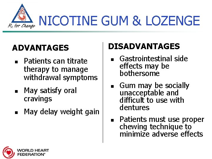 NICOTINE GUM & LOZENGE ADVANTAGES n n n DISADVANTAGES Patients can titrate therapy to