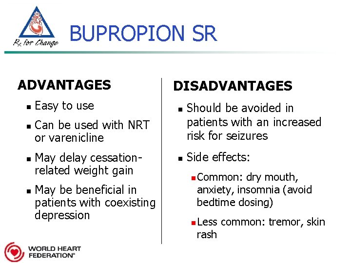 BUPROPION SR ADVANTAGES n n Easy to use DISADVANTAGES n Can be used with