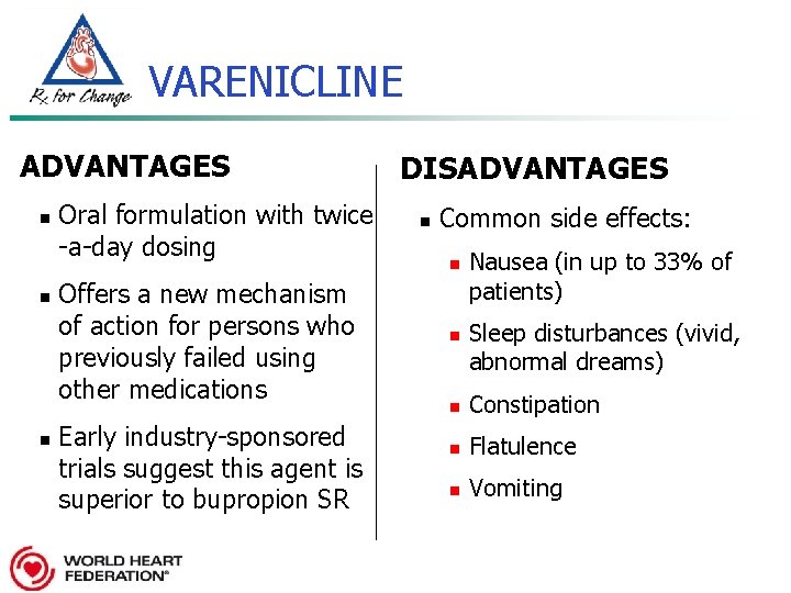 VARENICLINE ADVANTAGES n n n Oral formulation with twice -a-day dosing Offers a new