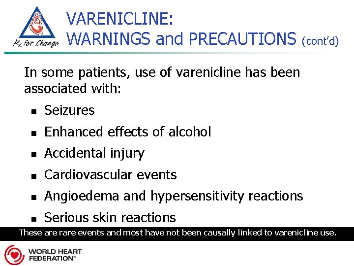 VARENICLINE: WARNINGS and PRECAUTIONS (cont’d) In some patients, use of varenicline has been associated