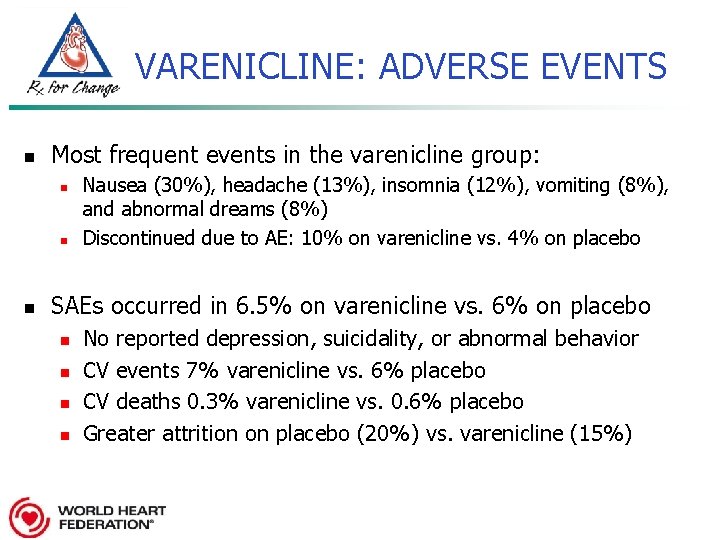 VARENICLINE: ADVERSE EVENTS n Most frequent events in the varenicline group: n n n