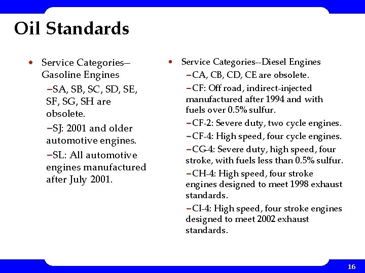 Oil Standards • Service Categories-Gasoline Engines –SA, SB, SC, SD, SE, SF, SG, SH