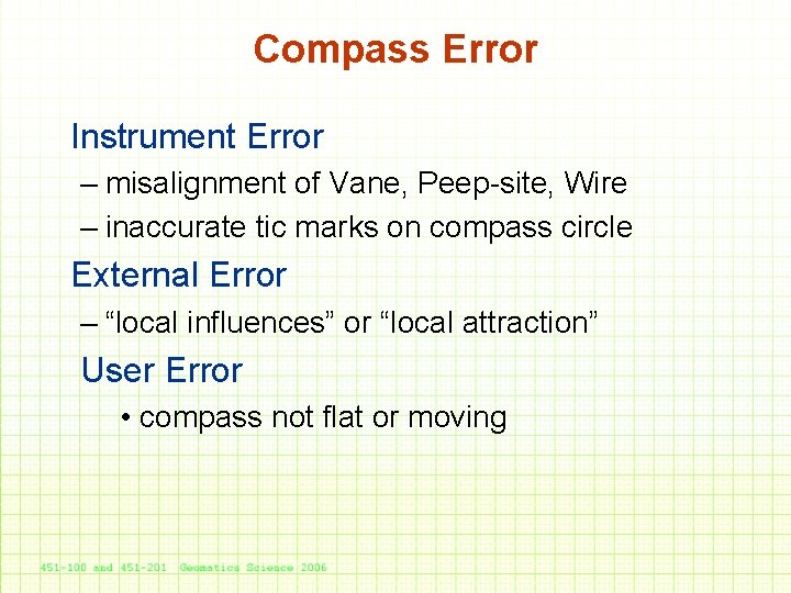 Compass Error Instrument Error – misalignment of Vane, Peep-site, Wire – inaccurate tic marks