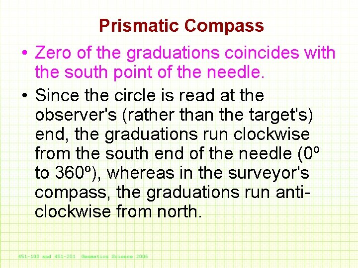 Prismatic Compass • Zero of the graduations coincides with the south point of the