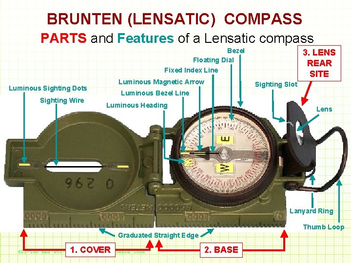 BRUNTEN (LENSATIC) COMPASS PARTS and Features of a Lensatic compass Bezel Floating Dial Fixed