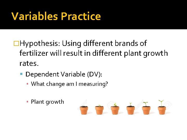 Variables Practice �Hypothesis: Using different brands of fertilizer will result in different plant growth