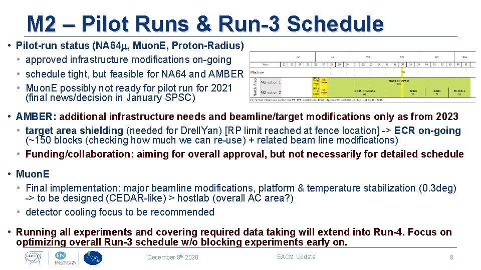 M 2 – Pilot Runs & Run-3 Schedule • Pilot-run status (NA 64 m,