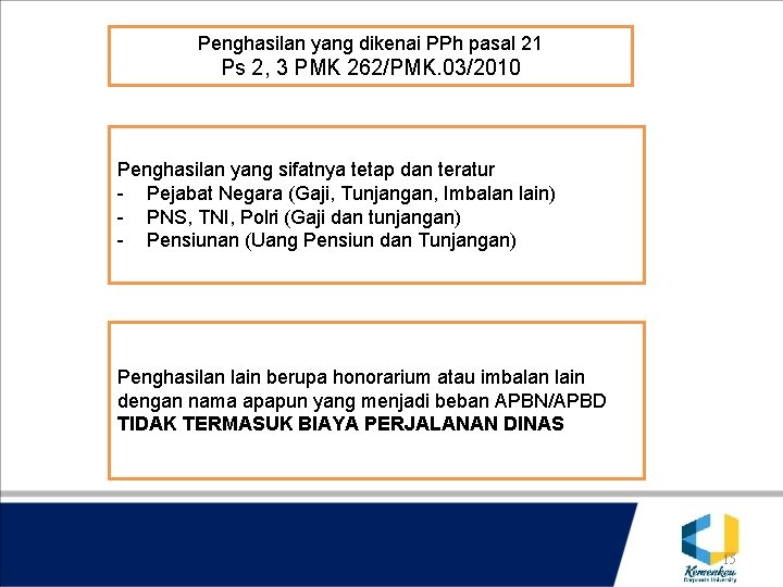 Penghasilan yang dikenai PPh pasal 21 Ps 2, 3 PMK 262/PMK. 03/2010 Penghasilan yang