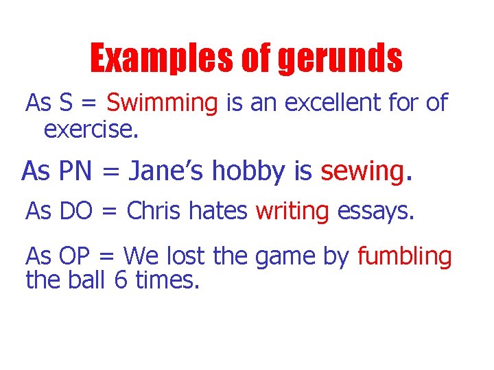Examples of gerunds As S = Swimming is an excellent for of exercise. As