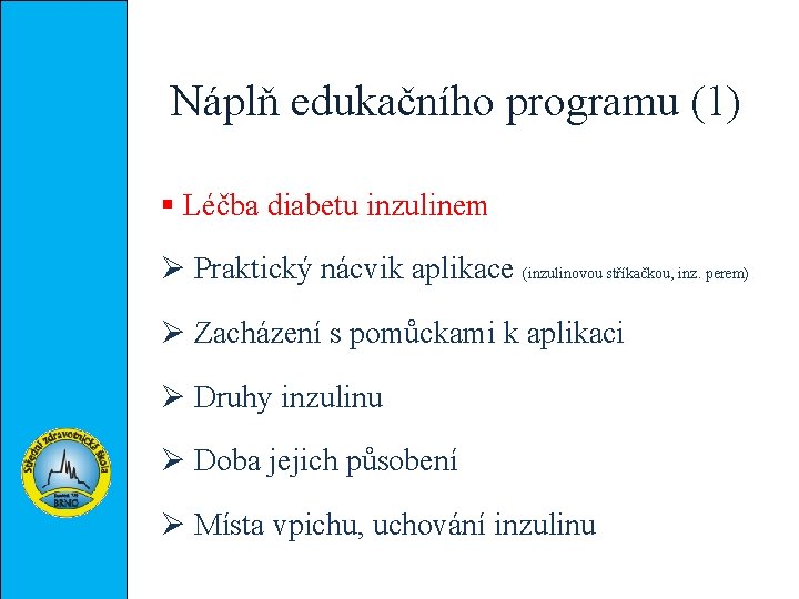 Náplň edukačního programu (1) § Léčba diabetu inzulinem Ø Praktický nácvik aplikace (inzulinovou stříkačkou,